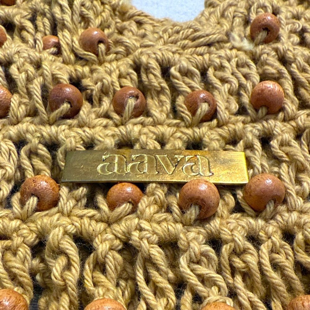 Aava Khaki Brown Beaded Open Knit Crochet Double Handle Market Beach Boho Tote - Picture 12 of 12